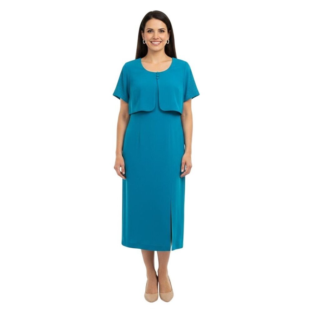 Talbots Vintage Torquoise 100% Silk Slit Front Midi/Maxi Dress Size 8